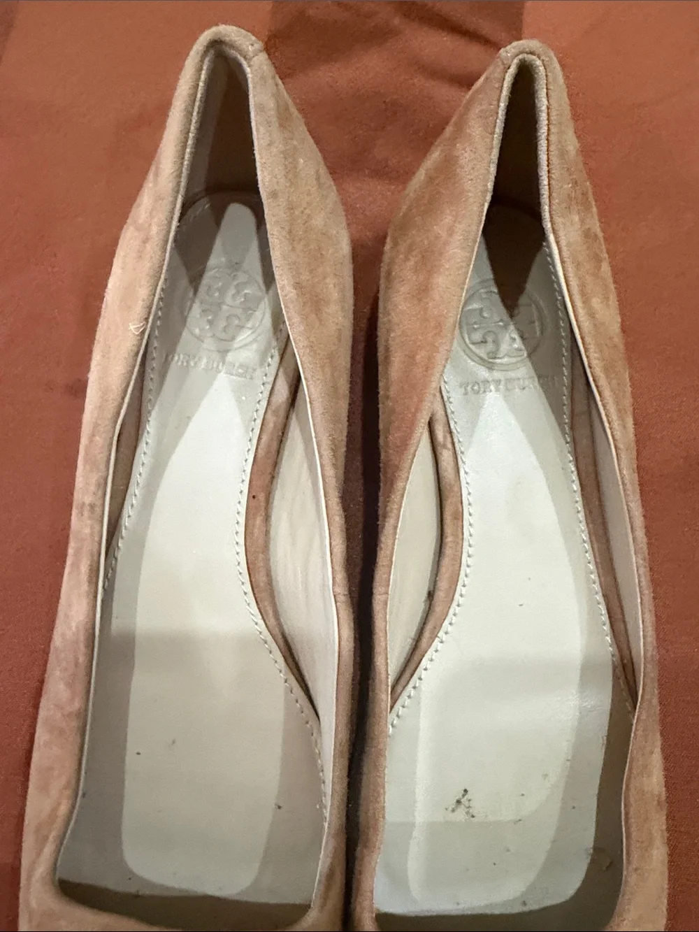 Tory Burch Blush Suede Logo Buckle Flats used condition.